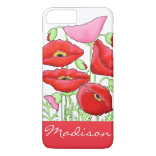 Red Pink Poppies Art Custom Name Personalised iPhone 8 Plus/7 Plus Case