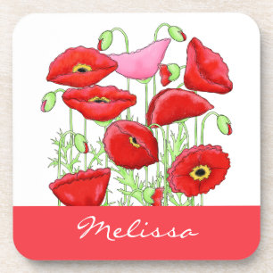Red Pink Poppies Art Custom Name Personalised Coaster