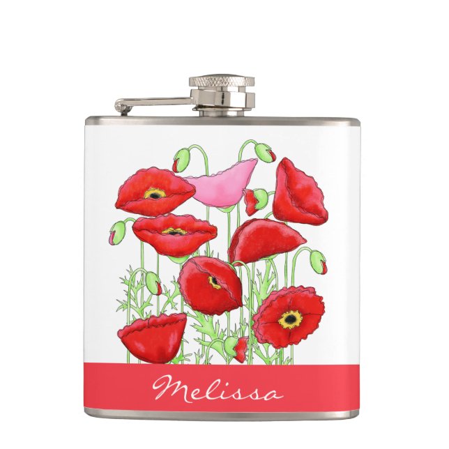 Red Pink Poppies Art Custom Name Personalised Hip Flask (Front)