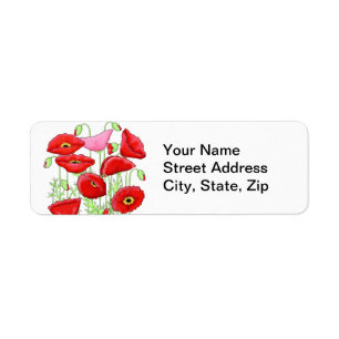 Red Pink Poppies Art Custom Name Personalised Return Address Label