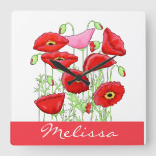 Red Pink Poppies Art Custom Name Personalized Square Wall Clock