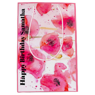 Red Pink Poppy Flower Watercolor Womans BIrthday Medium Gift Bag