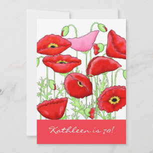 Red Pink Poppy Flowers 70th Birthday Party Invite