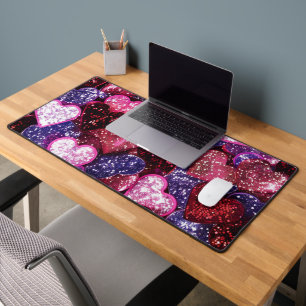 RED PINK PURPLE GLITTER LOOK VALENTINE HEARTS DESK MAT