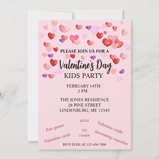 Red, Pink, Purple Hearts Valentine's Kids Party Invitation (Front)