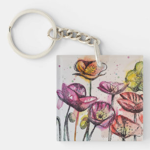 Red Pink Purple Poppy Flowers Poppies Floral Key Ring