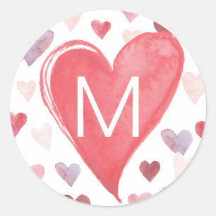 Red Pink Purple Watercolor Hearts Monogram Sticker