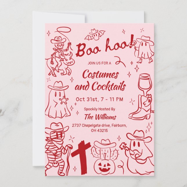 Red Pink Quirky Hand Drawn Cowboy Halloween Party Invitation (Front)