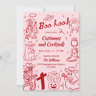 Red Pink Quirky Hand Drawn Cowboy Halloween Party Invitation