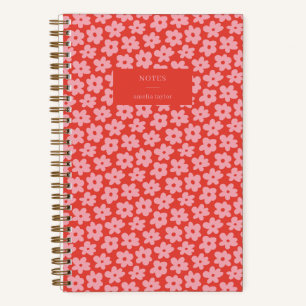 Red Pink Retro Daisy Pattern Personalised Name Notebook