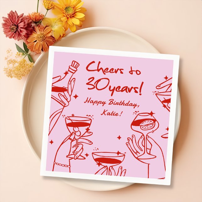 Red Pink Retro Handdraw Funky Cocktail Birthday Napkin (Creator Uploaded)