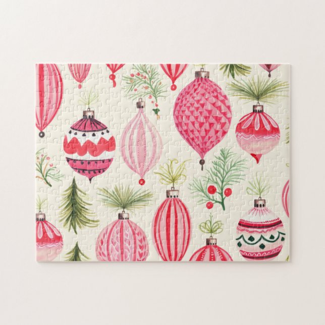 Red Pink Retro Ornaments Christmas Jigsaw Puzzle (Horizontal)