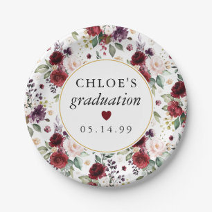 Red Pink Rose Floral Graduation Paper Plate