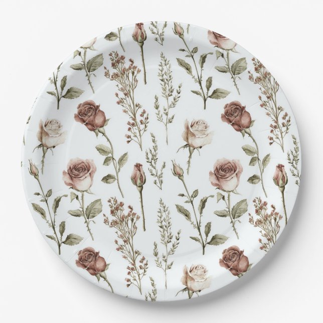 Red Pink Rose Floral   Paper Plate (Front)
