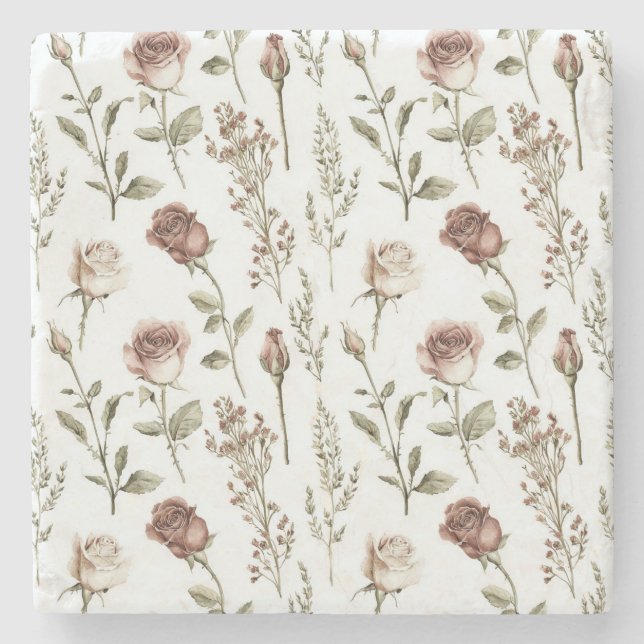 Red Pink Rose Floral   Stone Coaster (Front)