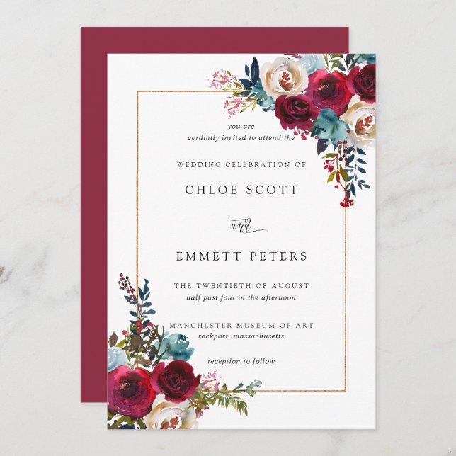 Red Pink Rose Floral Wedding Invitation (Front/Back)
