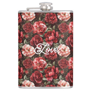 Red Pink Rose Flowers Hip Flask
