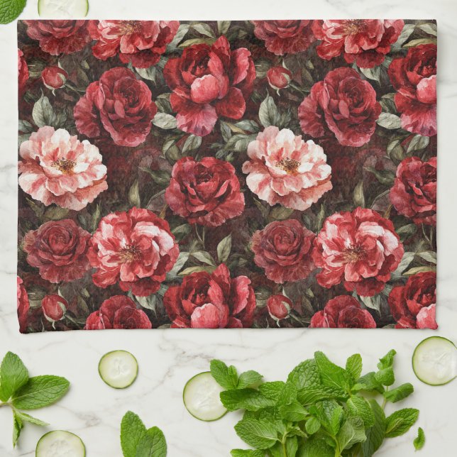 Red Pink Rose Flowers   Tea Towel (Folded)
