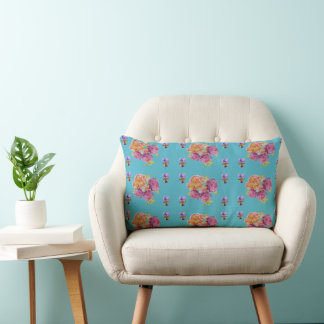 Red Pink Rose Shabby Chic Teal Aqua Floral Flower Lumbar Cushion