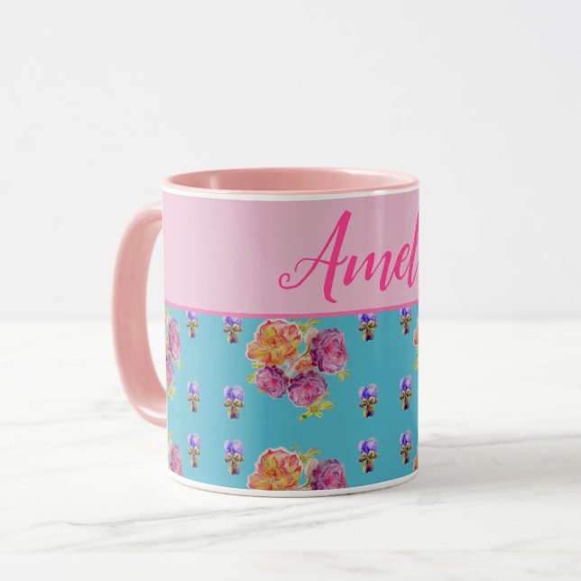 Red Pink Rose Shabby Chic Teal Aqua Floral Flower Mug (Front Left)