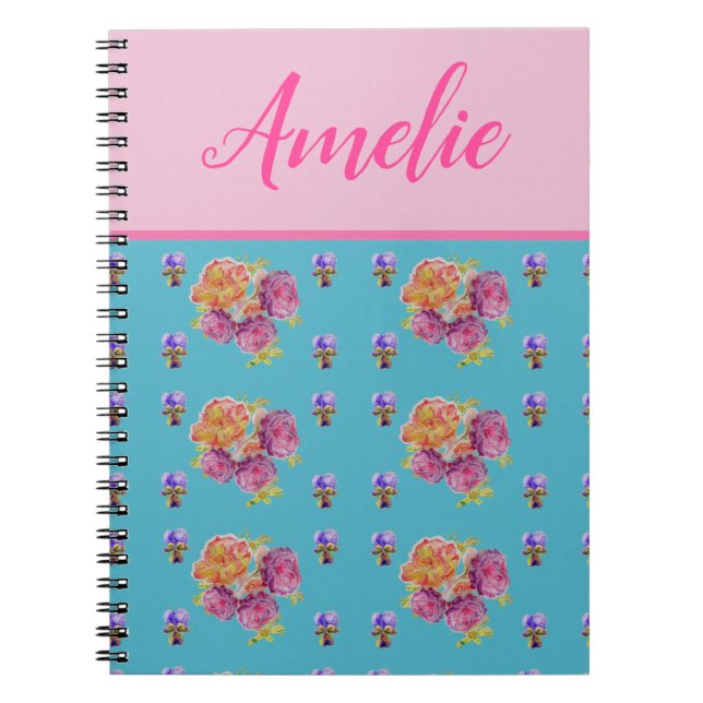 Red Pink Rose Shabby Chic Teal Aqua Floral Flower Notebook (Front)