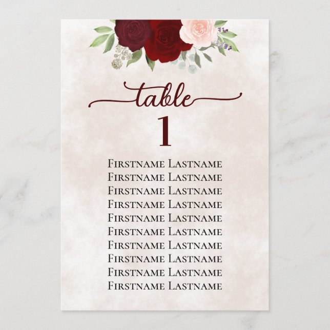 Red & Pink Rose Wedding Seating Chart Table Number (Front)