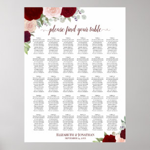 Red & Pink Roses 30 Table Wedding Seating Chart