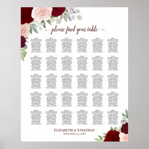 Red & Pink Roses 30 Table Wedding Seating Chart