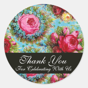 RED PINK ROSES AND BLUE FLOWERS  Thank You Classic Round Sticker