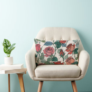 Red & Pink Roses and Leaves Floral Lumbar Cushion