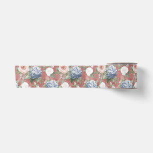 Red Pink Roses Bllue Hyndrangea Floral Wedding Satin Ribbon