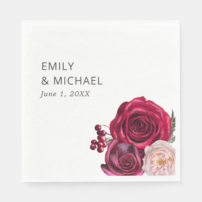 Red Pink Roses Cranberries Bridal Shower Napkin (Front)