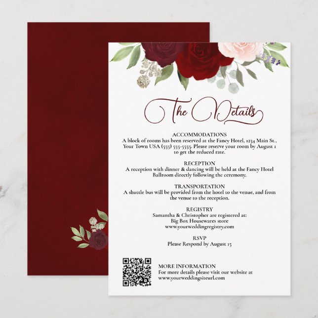Red & Pink Roses Downloadable QR Wedding Details Invitation (Front/Back)