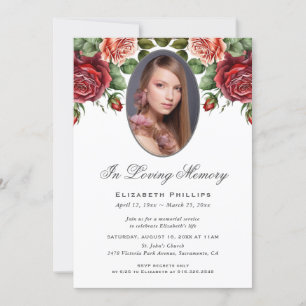 Red Pink Roses Floral Photo Memorial Service Invitation