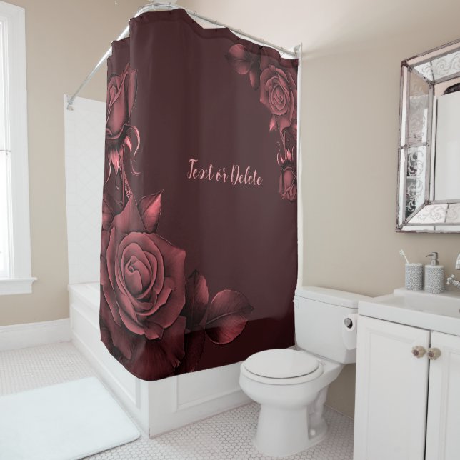 Red Pink Roses Flowers Maroon Rustic Shower Curtain (In Situ)