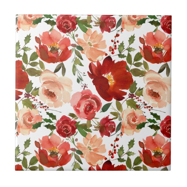 Red Pink Roses Poppies Trendy Girly bathroom  Ceramic Tile (Front)