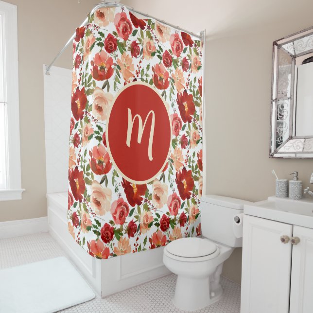 Red Pink Roses Poppies Trendy Girly Shower Curtain (In Situ)
