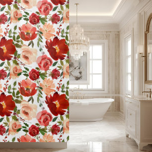 Red Pink Roses Poppies Trendy Girly Shower Curtain