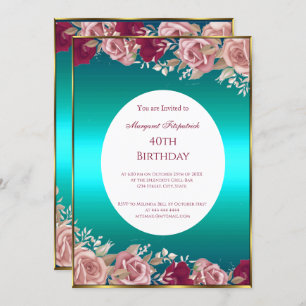 Red Pink Roses Teal Green White Birthday Party  Invitation