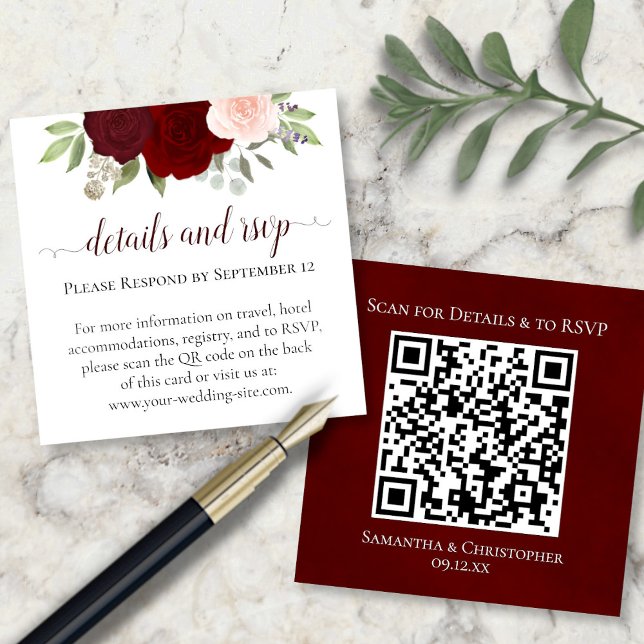Red & Pink Roses Wedding Details & RSVP QR Code Enclosure Card (Front/Back)