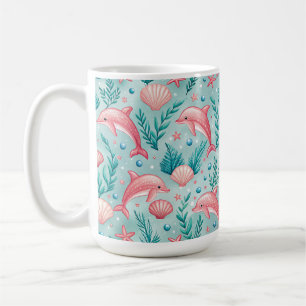 RED & PINK SEASHELLS & DOLPHINS IN BLUE OCEAN COFFEE MUG