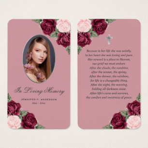 Red Pink Silver Floral Funeral Prayer Card