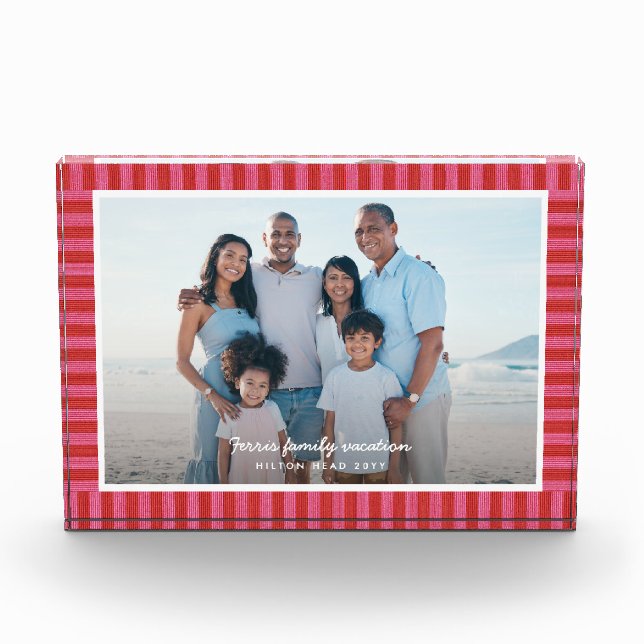 Red pink striped frame custom text  photo block (Front)