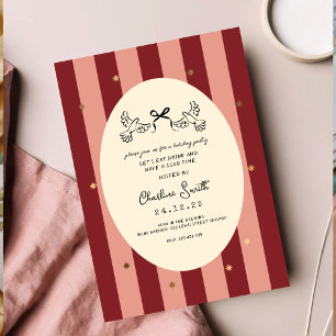 Red Pink Striped Gold Star Wedding  Invitation