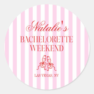 Red Pink Stripes Bachelorette Weekend Party Classic Round Sticker