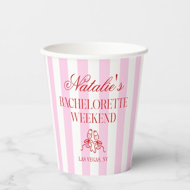 Red Pink Stripes Bachelorette Weekend Party Paper Cups (Front)