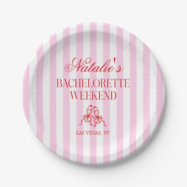 Red Pink Stripes Bachelorette Weekend Party Paper Plate (Front)