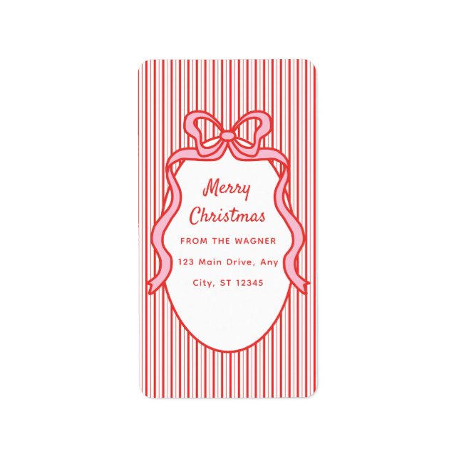 Red Pink Stripes & Bow Frame Christmas  Label (Front)
