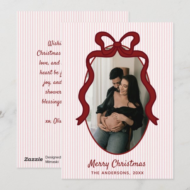 Red Pink Stripes & Bow Frame Christmas Photo Holiday Card (Front/Back)