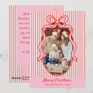 Red Pink Stripes & Bow Frame Christmas Photo Holiday Card